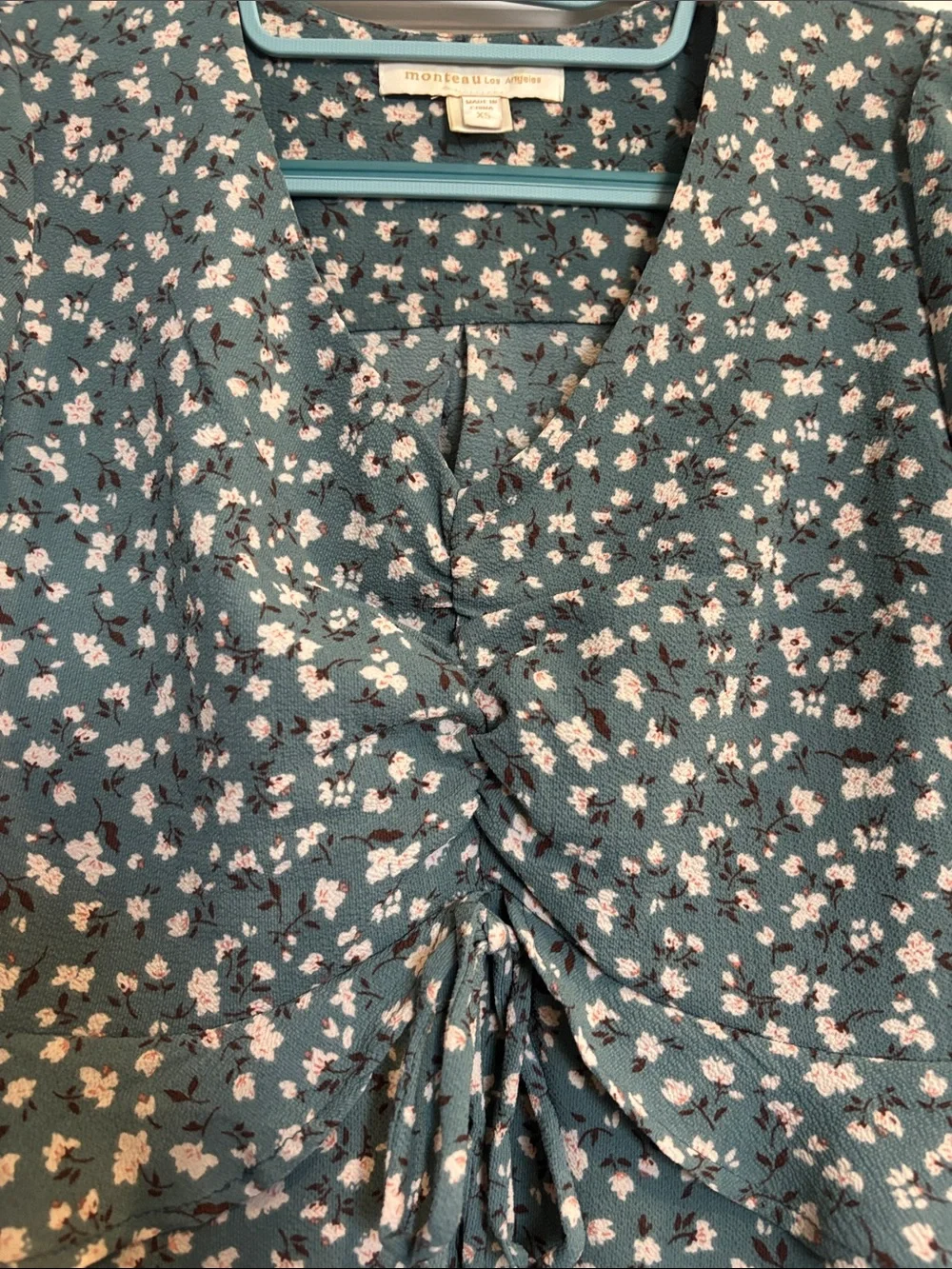 Madewell Teal Floral Drawstring Peplum Top